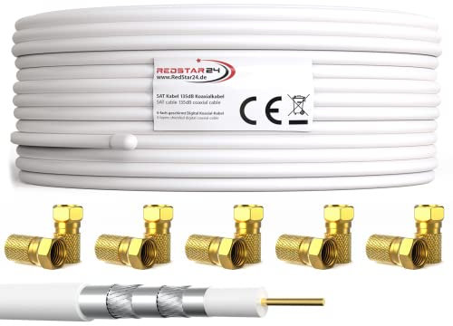 RedStar24 30m Koaxial SAT Kabel 135dB Digital Antennenkabel 5-Fach geschirmt für Ultra HD 4K DVB-S / S2 DVB-C/C2 und DVB-T BK Anlagen | Koaxialkabel Weiß inkl. 10 vergoldete F-Stecker (Weiß, 30m)