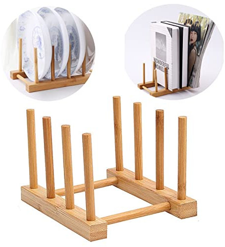 Basetousual Tellerständer Holz,Tellerhalter Ständer,Abtropfgestell Holz,Tellerregal,Topfdeckelhalter,Abtropfgestell Aufbewahrung,Für Teller,Schüsseln,Topfdeckel,Schneidebretter,Bücher – 3 Fächer