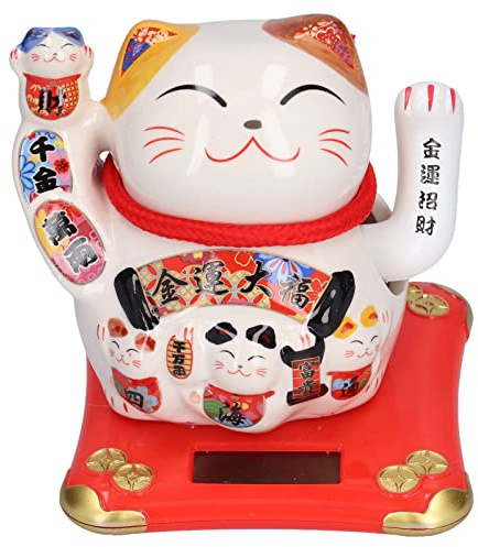 Ceramic Maneki Neko Lucky Cat Fortune Japanese Cat Solar Powered Lucky Cat Happy Cat Waving Arm Fortune Cat Chinese Feng Shui Decor for Shop, Home, Restaurants, Car 3.9 x 3.7 x 4.1(3#)