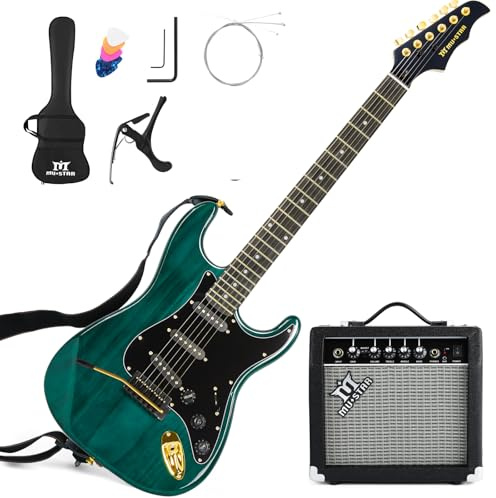 MUSTAR Electric Guitar Kit with 25W Amplifier, 39 Inch Full Size Solid Wood Electric Guitar Beginner Kits, Gig Bag, Digital Tuner, Capo, Strap, Cable, Picks, Birthday Holiday Gifts (Green, MEG-100)