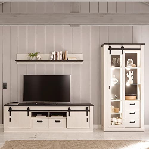 Lomadox Wohnwand TV-Wand Pinie weiß Nb. mit anthrazit 3-teilig Landhausstil, TV-Lowboard, Wandboard, Vitrinenschrank, inkl. LED-Beleuchtung