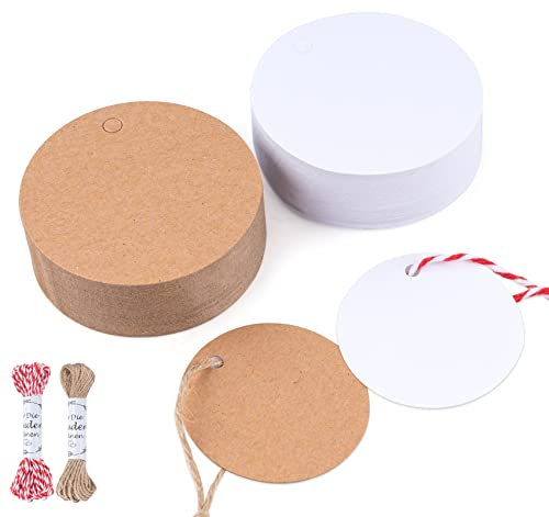 100 Stück Runde Geschenkanhänger Kraftpapier,Blanko Valentinstag Anhänger,geeignet für Weihnachten, Hochzeit, Wahletiketten, Preisschilder (10M Naturjute und 10M Roter weißer Baumwollfaden)
