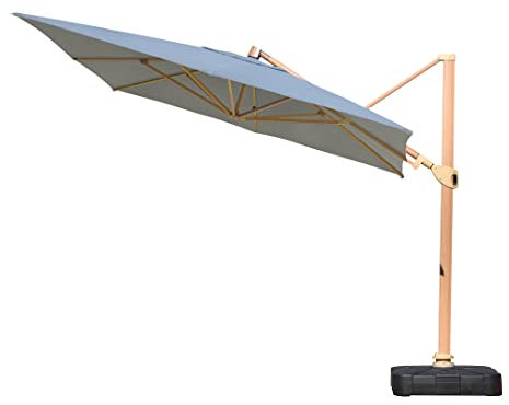 Cantilever Parasol Umbrella with heavy duty base 3m - Square Canopy | Wood Finish Frame | FREE Protective cover, LED Lights + Speakers included (Grey)