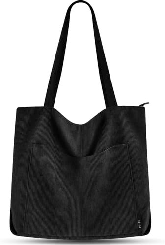 Prite Handtasche Damen Tote Bag Shopper Groß Umhängetasche Cord Beuteltasche Stofftasche für College Schule Arbeit Reisen Einkaufen (Schwarz)