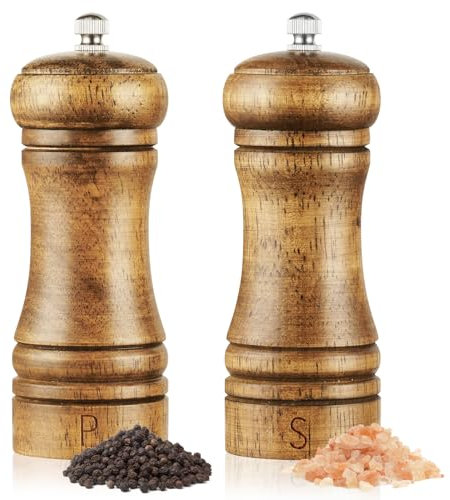 Vicloon Juego de Molinillo de Sal y Pimienta,2pcs Molinillos de Pimienta,Molinillos de Sal y Pimienta Manuales de Madera,Manual de Molinillo Amoladora de Cerámica Ajustable Apto para Asar