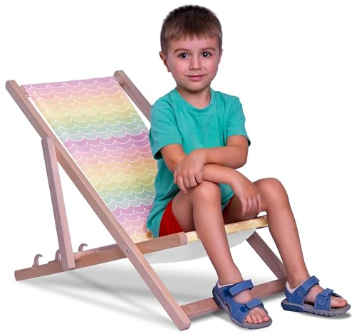 DreamRoots Chaise Longue Enfant en Bois de Hêtre, Chilienne Enfant Pliable, Transat Extérieur Jardin, Plage, Tissu Lavable Polyester 220 g/m², Charge Max 130 kg