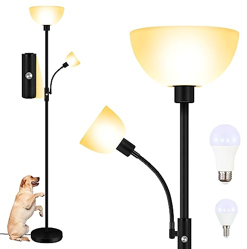 Floor Lamps for Living Room Black, 71 Tall Pole Bedroom Light, Bright Floor Lamp with Adjustable Reading Light, Simple Standing Lamp, White Plastic Lampshade, 3-Way Rotary Switch, Modern Mid-Century