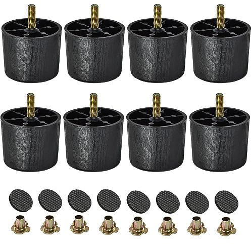 TCHOSUZ 2 Inch Plastic Furniture Legs with Wood Grain, 12-Pack Round Feet | Affordable Plastic Lightweight & Waterproof, M8 bolts+T-nuts+ Pads, Fits Sofa Couch Cabinet, Easy DIY for Rental Apartment