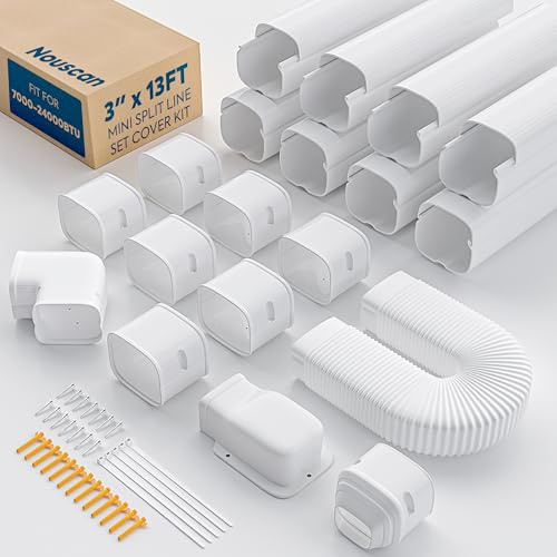 Nouscan 3 13Ft Mini Split Line Set Cover with Flexible Duct, Upgrade PP Decorative Minisplit Lineset Cover Kit, Paintable for Mini Split, Air Conditioner, Central AC, HVAC and Heat Pumps, White
