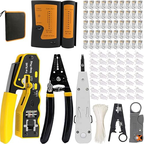 MAYLINE Crimp Tool RJ45/RJ12/RJ11 Ethernet Computer Maintenance CAT5 CAT6 CAT7 Cable Tester Repair Wire Stripping Cutter, 6P 8P Crimper Pass Through Network Crimping Tool Kit Set(Yellow)