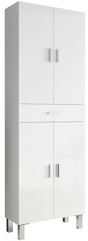 Miroytengo Mueble Auxiliar de Baño Galatea Blanco Brillo 60x182 cm Columna de Baño 4 Puertas, 1 Cajón y Estantes Regulables