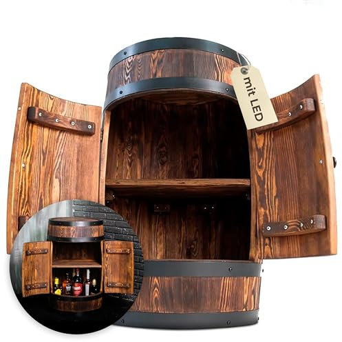 Bonanza Wood XL Hausbar Weinfass mit Doppeltür & Sensor-LED – Rustikaler Barschrank aus massiver Kiefer (80x55cm) – Handarbeit, Platz für 50 Flaschen – Vintage Optik