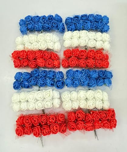 144pcs Mini Artificial Rose Flower Heads and Soft Stem,25mm Red Blue White