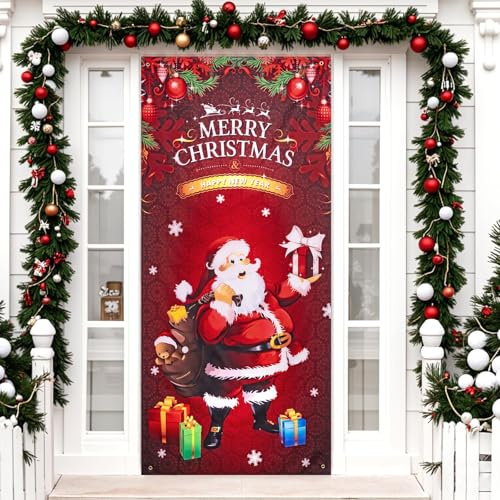 MELLIEX Weihnachten Tür Abdeckung Dekoration Lustiger Elfen und Weihnachtsmann Hintergrund Türabdeckung Weihnachtsdeko Hängen Banner für Feiertag Weihnachten Deko, 90 x 185cm, 90 x 200 cm