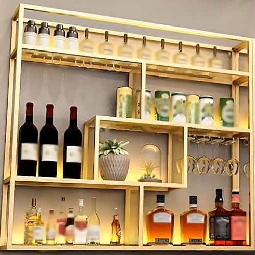 ICEMOB Profesional Botellero Vino,Botellero Pared Metal con Luz LED,Vinotecas para Cocina,Comedor,Hogar,Multifunción Exhibidor De Vidrio/Almacenar Botellas,Oro,150CM