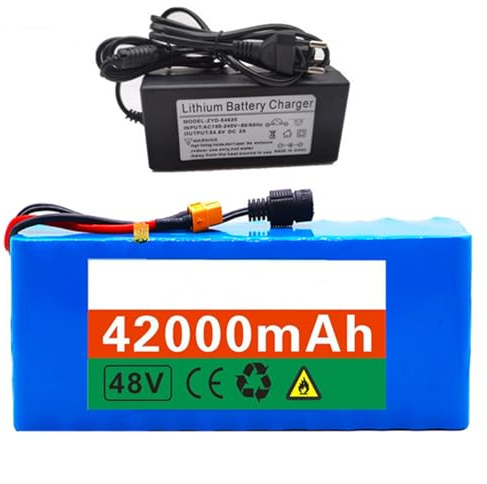 Batterie lithium-ion 48 V 42 Ah, batterie lithium-ion rechargeable 13S3P avec chargeur 54,6 V 2 A, pour vélo électrique E-Scooter XT60