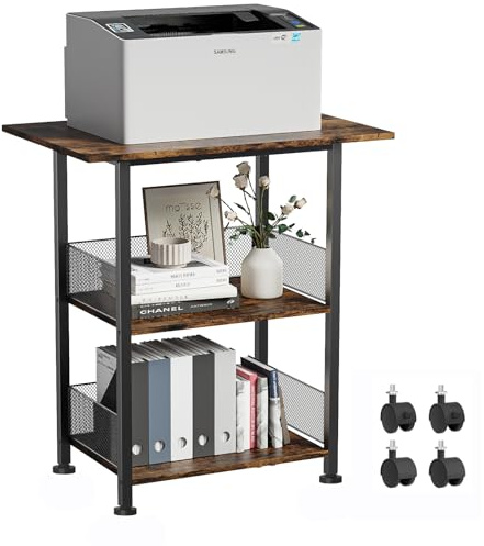 BOHDK Printer Stand, 3-Tier Industrial Large Printer Table with Shelf, 23x15 Mobile Heavy Duty Storage Rack on Wheels for Home Office Printer Fax Machine Scanner Copier