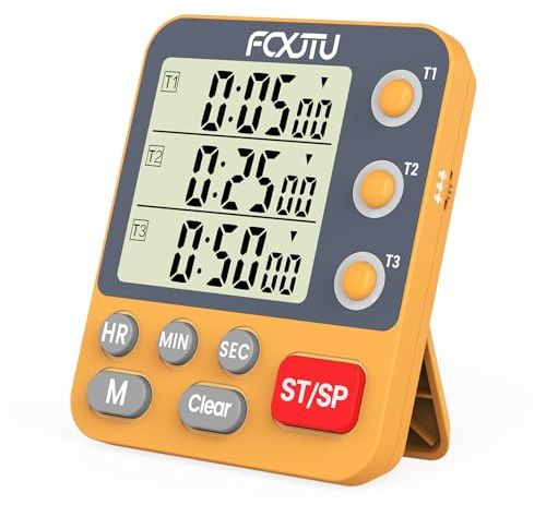 FCXJTU Digitaler Dreifach-Küchentimer, 3 Kanäle, Countup/Down-Speicher-Timer, großes Display, lauter Lautstärkealarm, Blinklicht, magnetische Rückseite, Ständer, Batterie im Lieferumfang enthalten