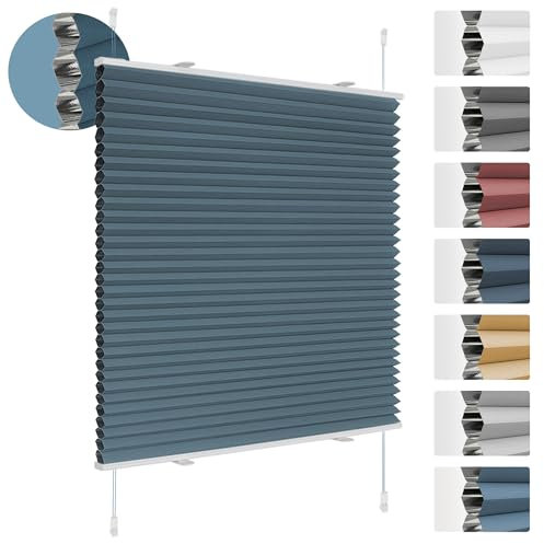 Deswell Plissee Verdunklung Klemmfix Wabenplissee B45 x H110 cm Blau Thermoplissee ohne Bohren Faltrollo für Fenster & Tür, 100% Blickdicht, Sicht- & Schallschutz Wärmehaltung Verdunklungsplissee