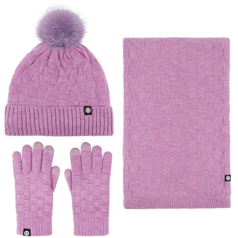 SK Studio Damen Winter Warm Mütze Touchscreen Handschuhe und Lang Schal Set, Thermo Wintermütze Strickmütze Beanie Schals Winterhandschuhe Strickhandschuhe, Lila
