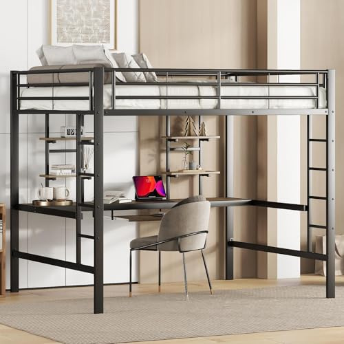 PUGSDRLY Lit Mezzanine 2 Place 140x200cm Avec Bureau, Plateau Pour Clavier Et Deux Étagères, Pour Enfant Adolescent Et Adulte, Cadre En Fer (Noir)