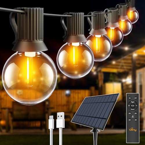 Ollny Solar Lights Outdoor Garden 10m Waterproof Festoon Light with Remote, USB LED String with 3 Modes 16+1 G40 Shatterproof Bulbs, Lighting for Outside Pergola Gazebo Patio Yard Porch Party Decor