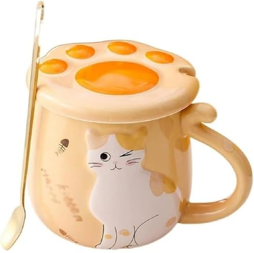 Huiyiwert 400ml Porzellanbecher Süße Katze Kaffeetasse mit Deckel und Edelstahllöffel Lustige 3D Katzentasse für Katzenliebhaber Frau Freunde Kinder Geburtstag Weihnachten Geschenk (Gelb)