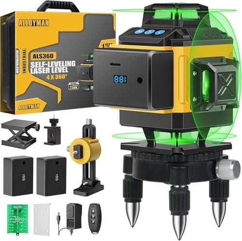 Alloyman 16 Linien Kreuzlinienlaser, 4 x 360° Laser Wasserwaage, Selbstnivellierender mit 2 wiederaufladbaren Lithium Akkus, Wandhalterung und Fernbedienung für Innen und Außenarbeiten