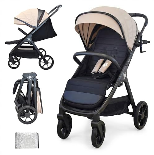 Twinly - Spacely - Silla de Paseo Ligera hasta 22kg | Carro Bebé Robusto con Ruedas Grandes Todoterreno, Respaldo Alto y Capota XXL | Cochecito con Plástico de Lluvia y Posavasos (Beige)