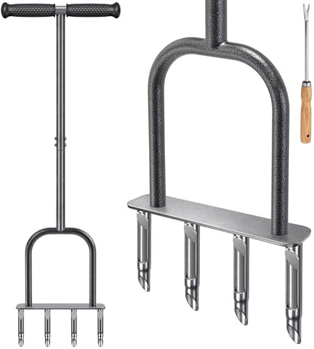 Dolibest Aérateur de Gazon Pelouse, Outil d'Aération Manuel Outil d'aération Long Manche Manuel Bouchon Terre Jardin 4 Pointes Carottage Poignée Souple avec Outil de Démoulage de l'Argile