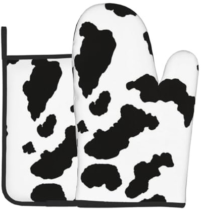 Ofenhandschuhe und Grillhandschuhe mit Twill-Kuh-Print, schwarz-weiß, Topflappen, Ofenhandschuhe und Topflappen mit Kochhandschuhen zum Backen, Grillen, Kochen