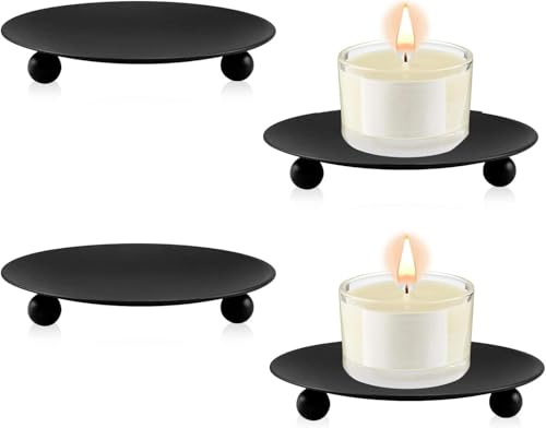 YANGWEN 4PCS Bougeoir Noir Fer Forgé, Candélabre Rétro Métal avec Plateau Vintage, Support Bougie Rond pour Décoration Mariage Dîner Aux Chandelles Priez Cônes d'Encens