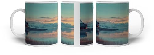 deyoli Motivetasse Einsames Holzhaus am See, umgeben von Dämmerung und Bergen. 300ml, aus weißem Keramik/Kaffetasse/Geschenkidee