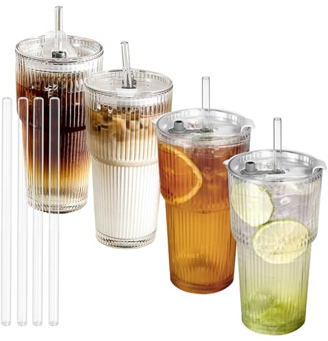 Kleemeiero 4 Stück 550ml Trinkbecher mit Deckel und Strohhalm Glas Eiskaffee Gläser Trinkgläser Smoothie Becher aus Glas To Go Becher Kaffeegläser Glasbecher Bubble für Saft Kaffee Wasser Tee