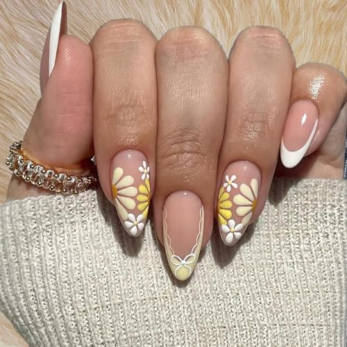 VelvetGlow Medium Almond Press-On Nails With Yellow And White Floral Motifs And Glossy Finish, White Bow Pattern, Cute Flower Adhesive Nails For Women And Girls, 24pcs