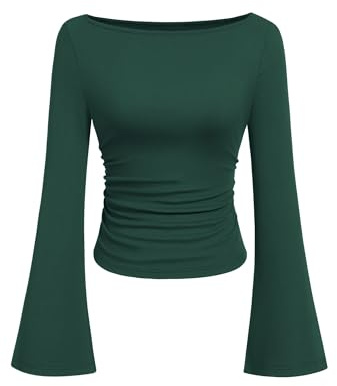 PRETTYGARDEN Womens Bell Long Sleeve Ribbed Knit Tops,Dark Green,XS | Trendy Boat Neck Y2K Cropped Going Out Tops, Ruched Slim Fit Cute Garment Friendly Shirts, Fall Outfits, Fashion Clothing