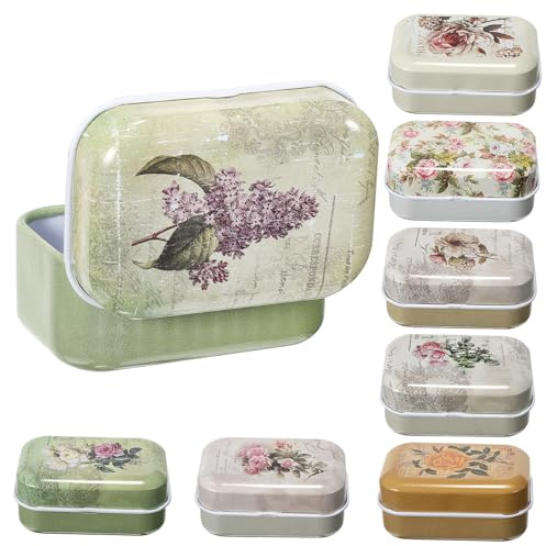 ORFOFE Vintage Tin Boxes Set of 8 Small Metal Storage Boxes with Lids Floral Design Trinket Organizer for Jewelry and Small Items