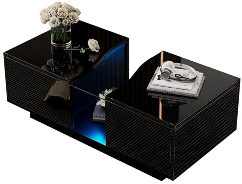 Modern LED Coffee Table with 2 Drawers and Hollow Center,High Gloss Front,Acrylic Translucent Panel,Storage Compartments,Smart Bluetooth APP Control Lighting,for Living Room and Home Office (Black)