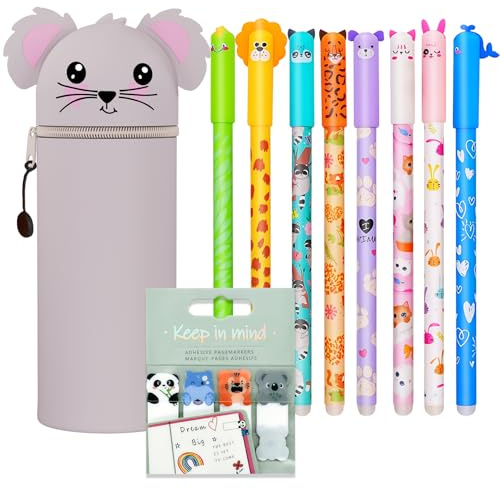 2 in 1 Weiche Federmäppchen - 8 Radierbaren Gelstiften + Keep in Mind Seitenmarker, Farm Silikontasche mäppchen, Tiermotiv mit thermosensitiver Radier, Vielzahl von Schaftdesigns, 0,7 mm (Rosa Koala)