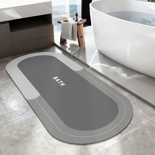 Bath Mat Quick-Drying Bathroom Mat,Super Absorbent Bath Mat for Bathroom Floor,Non Slip Rubber Backing Shower Floor Mat,Oval Floor Bath Rug for Bathroom,Bathtub (Grey, 60x150cm)