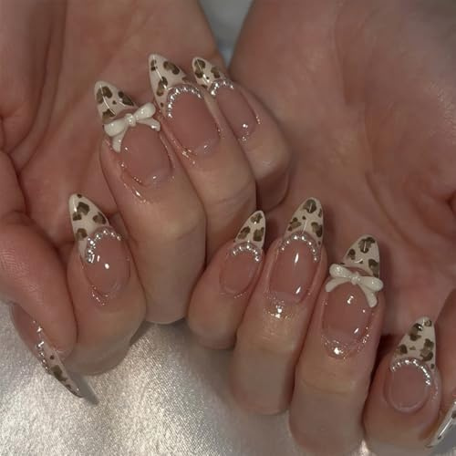 French Tip Press on Nails, 24PCS Short False Nails with Glue, Leopard Tips with 3D Bow & Pearl, Pink Almond Fake Nail for Women - Full Cover Stick On Nails Manicure DIY Kit at Home