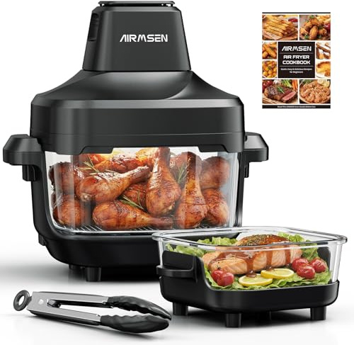 AIRMSEN Portable Glass Air Fryer - 1500W, 4.5L & 1.2L Dual Containers with Lid, Non-Toxic, 60-230℃, 4 Preset Functions, Detachable Air Frying Head, Safe for Microwave, Freezer & Dishwasher