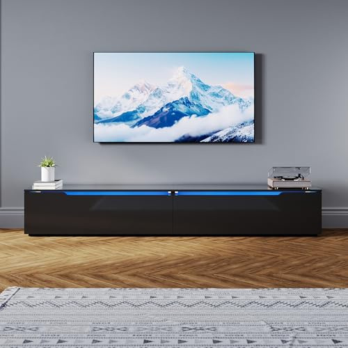 SONNI TV-Schrank mit LED (16 Farben), 200x35x30cm, Hängend/Stehend, Schwarz | TV-Schrank Hochglanz für Fernseher bis zu 75 Zoll, Fernsehtisch mit Klapptürfach, TV-Regal für Wohnzimmer, Schlafzimmer