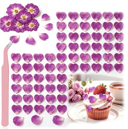 Celblisora Lot de 80 mini fleurs comestibles séchées naturelles, pressées, pour décoration de gâteau d'anniversaire, de cocktail et d'artisanat, pétales de rose violets en forme de cœur pour