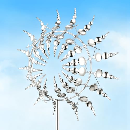 Magische Windmühle, 3D Einzigartige Metall Windmühle 360° Dual Rotors kinetischer Windspinner 30cm Windspiel Skulptur mit Doppelrotor Wind Metallfänger Wetterfest für Garten, Terrasse, Rasen (Silber)
