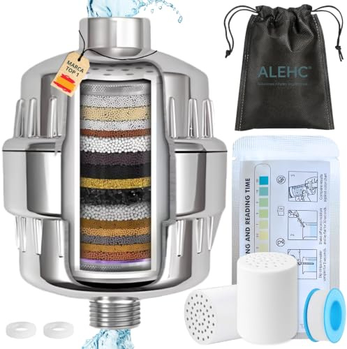 ALEHC® Filtro de Ducha Anticloro para Piel y Cabello | Filtro Agua Ducha Agua Dura, Reduce Cloro y Cal, Agua Más Suave, Incluye Tiras Test Orientativas y 2 Cartuchos, 1 de Recambio