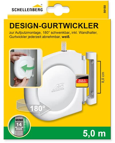 Schellenberg 50150 Rolladen Gurtwickler Aufputz inkl. Rolladengurt 14 mm x 5m, System Mini, 180° schwenkbar, Lochabstand 8 cm Aufschraubwickler kann geöffnet werden, Weiß