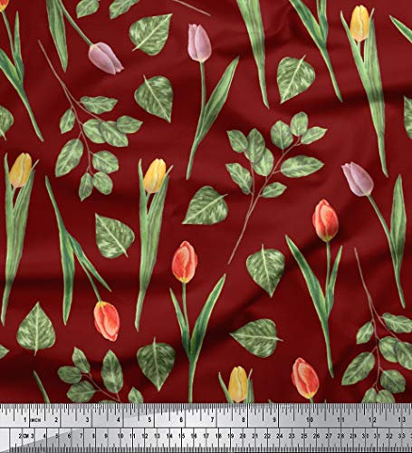 Soimoi Red Cotton Poplin Fabric Tulip & Hosta Leaves Printed Fabric 1 metre 42 Inch Wide