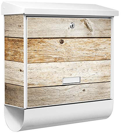 banjado® Burgwächter Briefkasten Weiß 38x39x12cm mit Motiv Graues Holz/Briefkasten mit Zeitungsfach/Briefkasten mit Zeitungsrolle/Postkasten inkl. Montagematerial & 2 Schlüsseln
