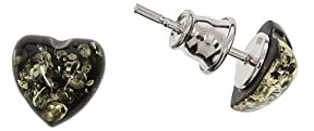 Bernstein Ohrringe von Artisana-Schmuck, grüne herzförmige Ohrstecker, gefasst in 925/000 Sterling Silber rhodiniert
